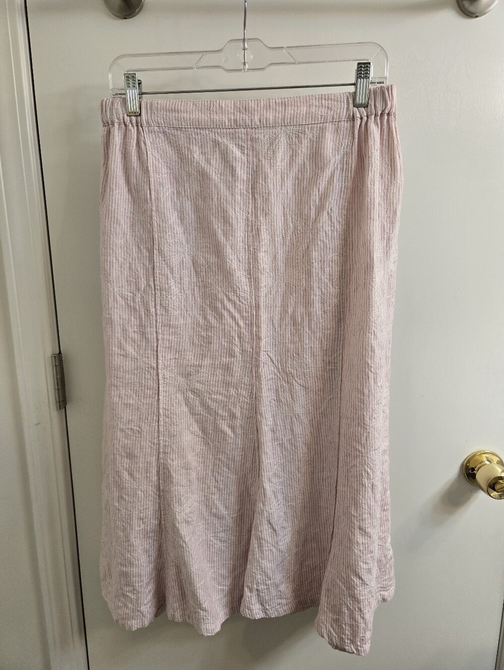 FLAX 100% Linen Floral Embroidered Striped Panel Midi Skirt Pink White Medium